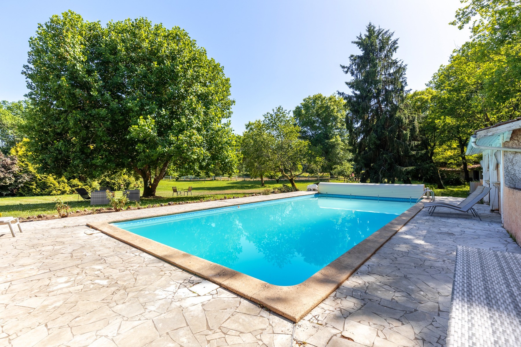 Outdoor swimming pool in a stone patio, surrounded by lawn, lounge chairs, and mature trees.