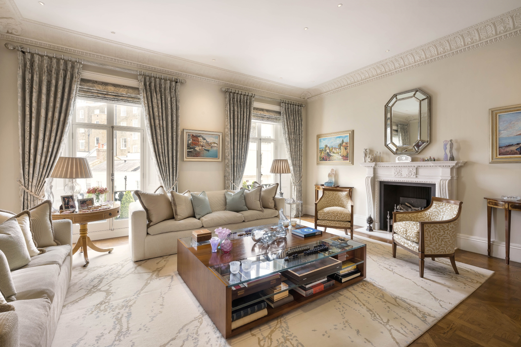 A lavish white Stucco-fronted townhouse in Belgravia.