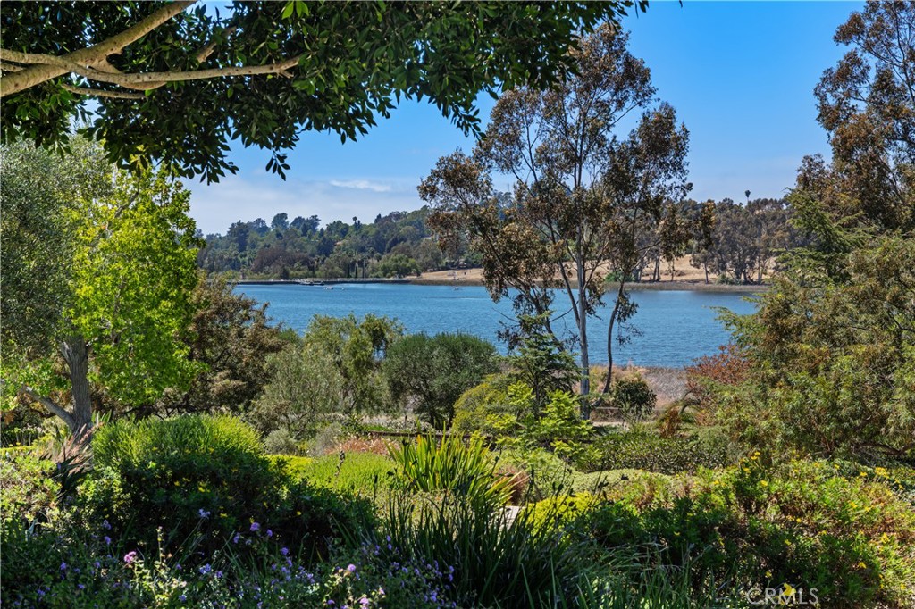 Lake and wooded hills beyond a lush garden of flowering plants and trees.