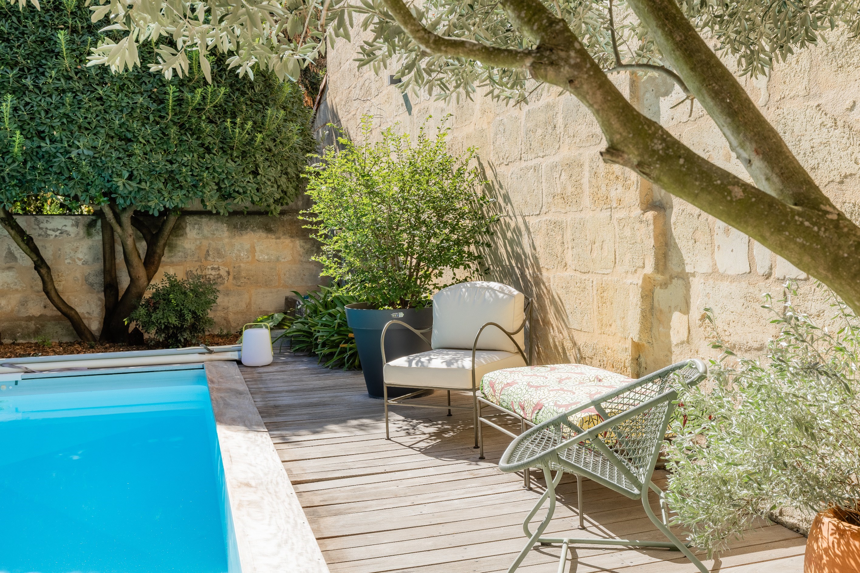 Courtyard pool beside a wooden deck with lounge chairs, leafy plants, and a stone wall.