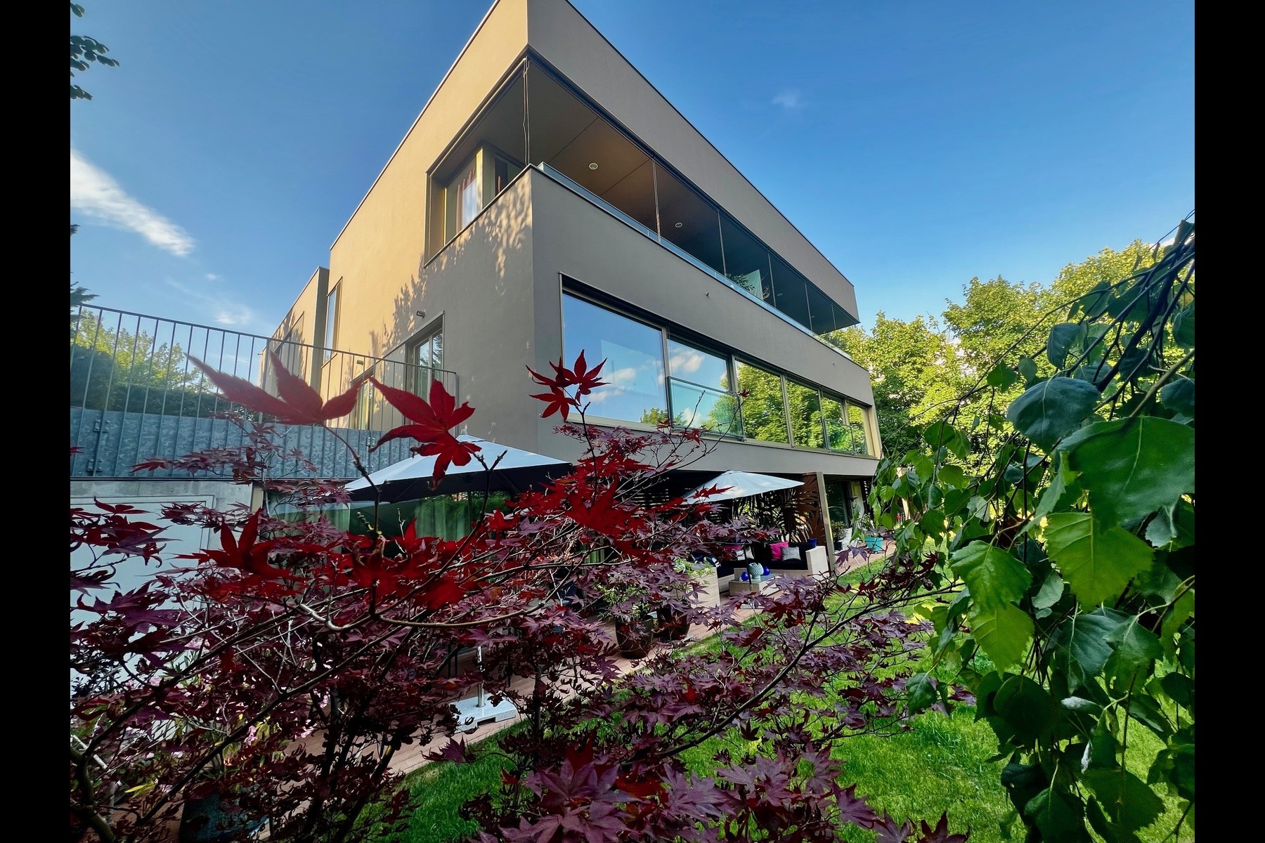 Modern home with a glass balcony and patio seating framed by leafy garden plants.
