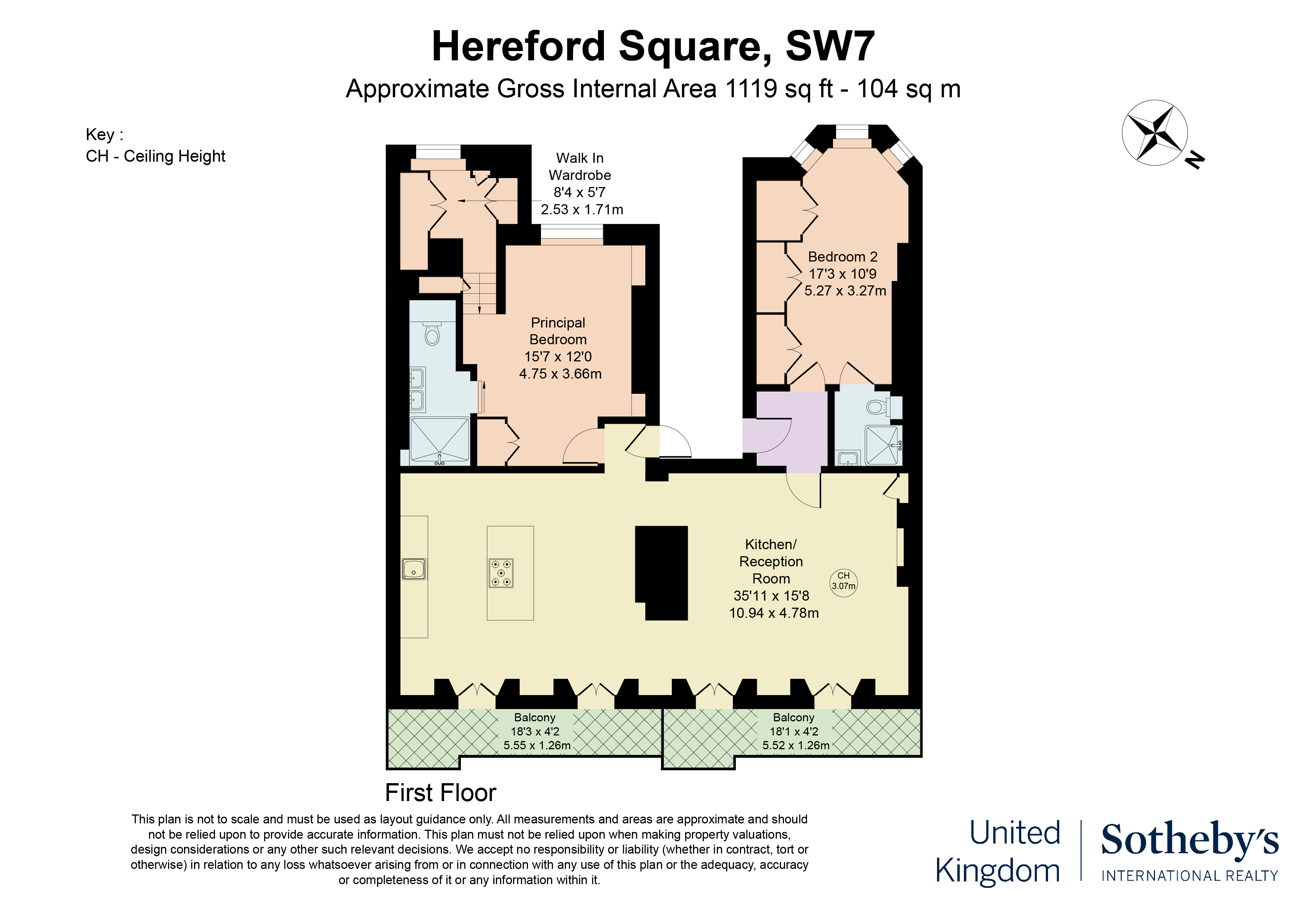 A lateral first floor apartment in a white stucco terrace on Hereford Square 